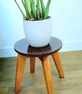 A round, clear resin-topped coffee table. The tabletop is filled with dark brown coffee beans and small pinecones embedded within the clear resin. The beans and pinecones are densely packed, creating a textured surface visible through the smooth resin. The table has light brown wooden legs . The lighting is bright and even, illuminating the details of the coffee beans, pinecones, and the resin surface.