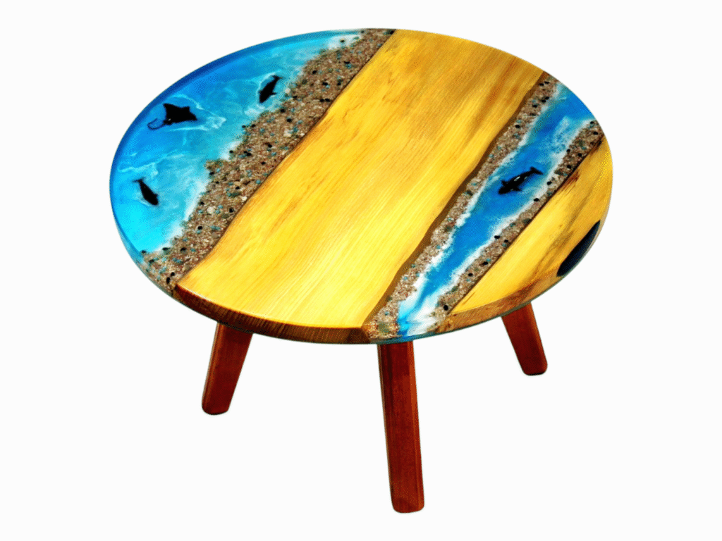 A small resin epoxy coffee table featuring a tabletop with Maple wood edges and a vibrant blue epoxy resin river in the center. Embedded within the translucent blue resin are orange starfish and dolphins, enhancing the table's beach-themed aesthetic.
