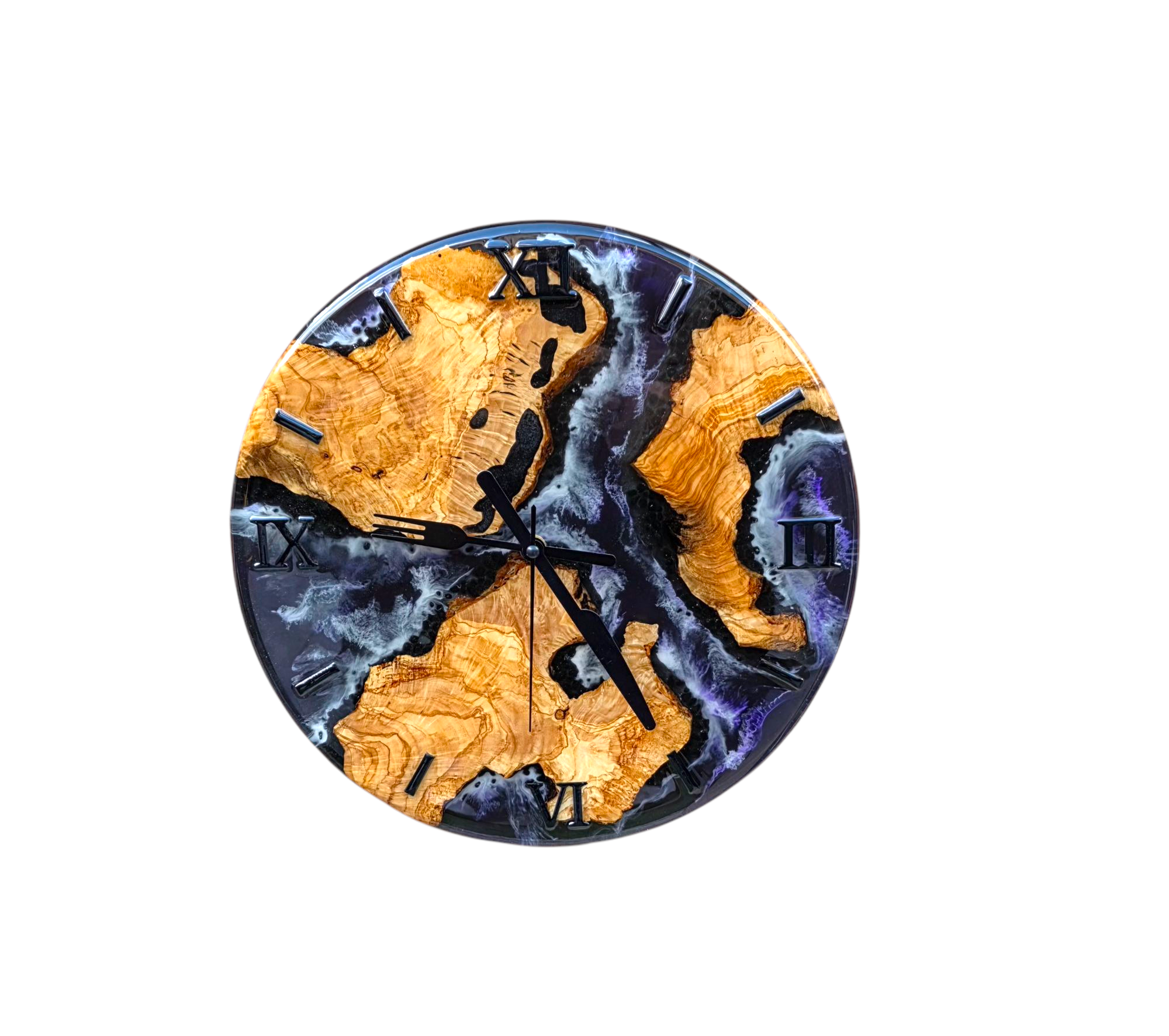 Olive Wood Wall Clock with Black Chip Stones