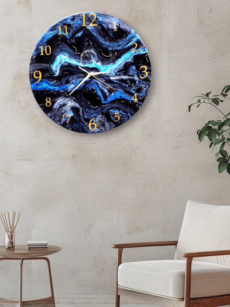 Luxury Blue Resin and Wood Wall Clock - M&B Craft - M & B CRAFT - M & B CRAFT Bespoke blue and black epoxy resin wall clock hanging in a modern living room