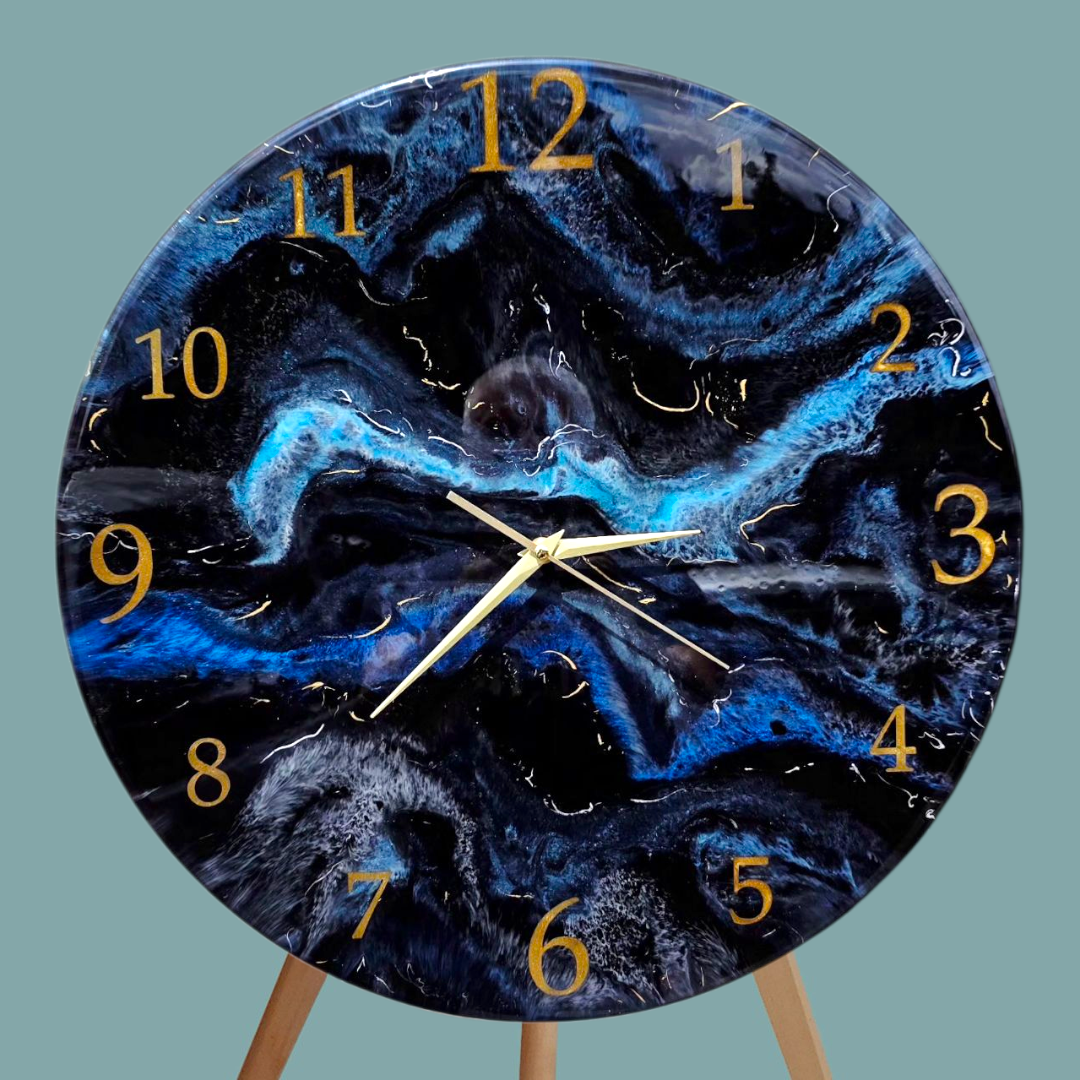 Resin Wall Clock Ocean Blue & Gold Abstract Art