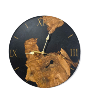 Natural wood finish, Black resin accents, Elegant gold Roman numerals, Handcrafted wall clock.