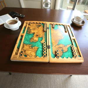 Handcrafted olive wood and green resin backgammon board