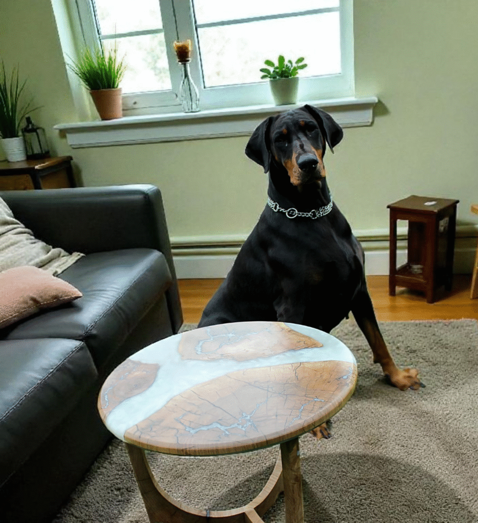 Round handmade walnut table with white pearl epoxy top, silver fractal burn inlay, and sculptural 3‑leg walnut base