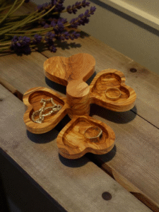 Handcrafted olive wood jewelry tray with three heart-shaped compartments – personalized keepsake gift