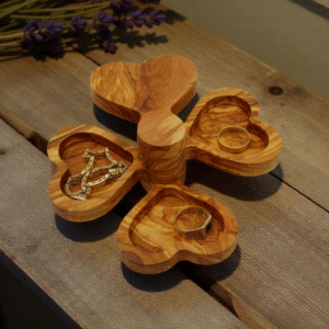 IMG_2183 1 - M & B CRAFT Handcrafted olive wood jewelry tray with three heart-shaped compartments – personalized keepsake gift