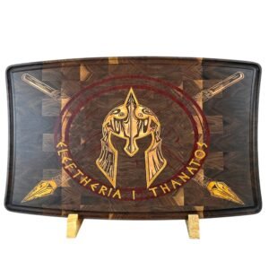 Decorative wooden shield graphic with a golden helmet emblem and crossed spears, surrounded by circular text.
