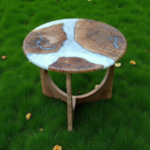 IMG_2272 - M & B CRAFT A round handcrafted walnut wood coffee table featuring a metallic pearl resin river running through the center, detailed with silver-inlaid Lichtenberg fractal lightning patterns on a custom sculpted wooden base,