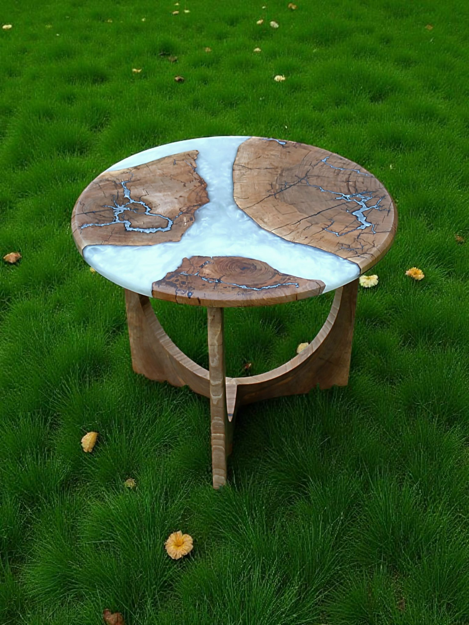 IMG_2272 - M & B CRAFT A round handcrafted walnut wood coffee table featuring a metallic pearl resin river running through the center, detailed with silver-inlaid Lichtenberg fractal lightning patterns on a custom sculpted wooden base,