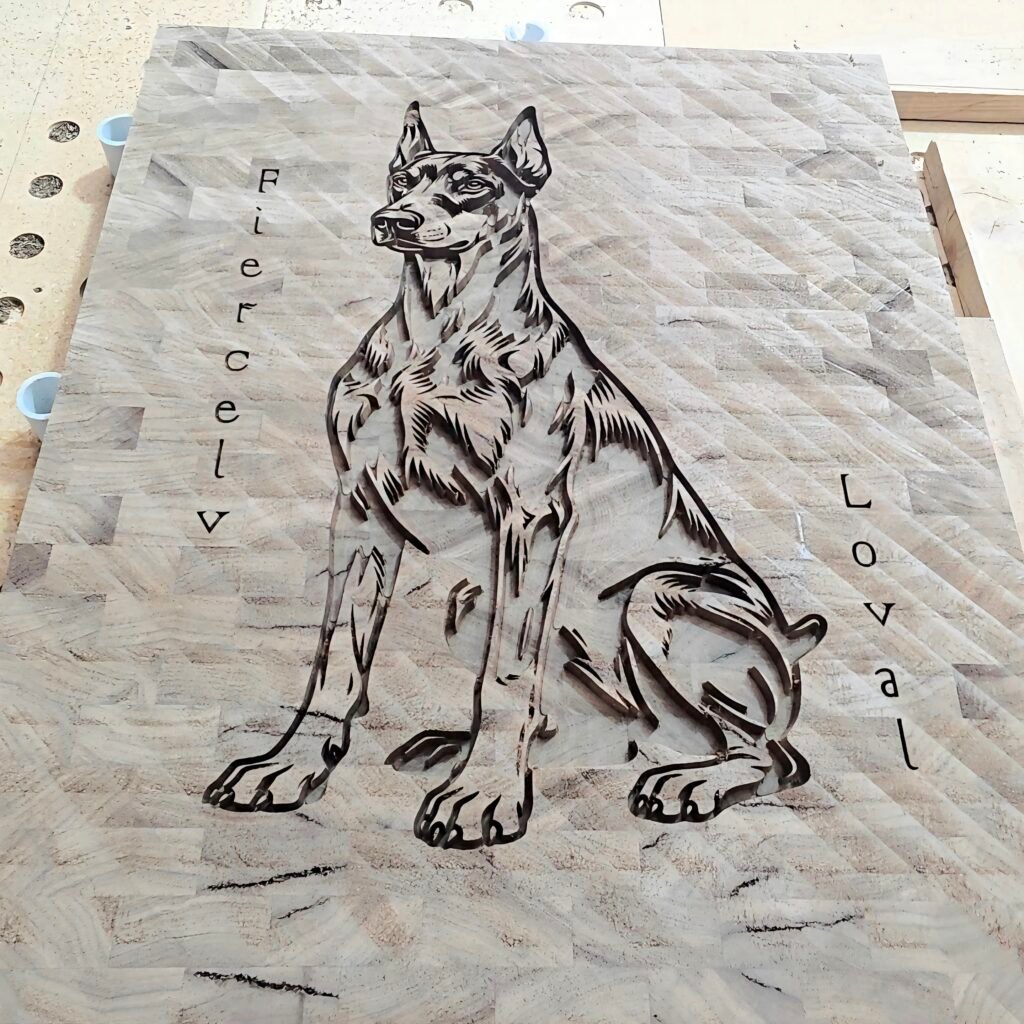 Black-and-white illustration of a large dog on a gray marble tiled backdrop with scattered letters around the edges.