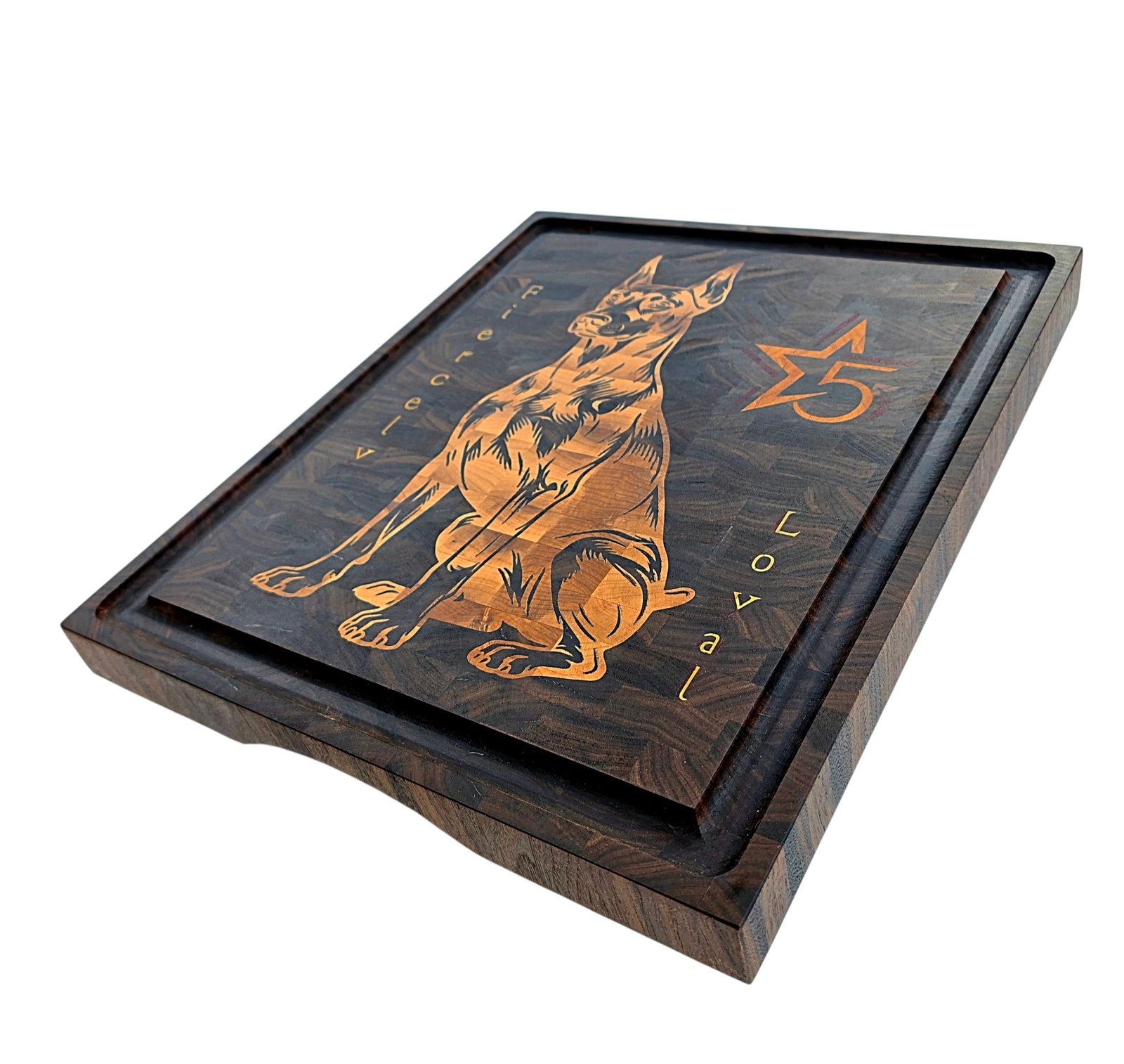 20260708_141601 - M & B CRAFT Handmade walnut end grain cutting board with detailed maple and padauk Doberman dog inlay on a display stand.